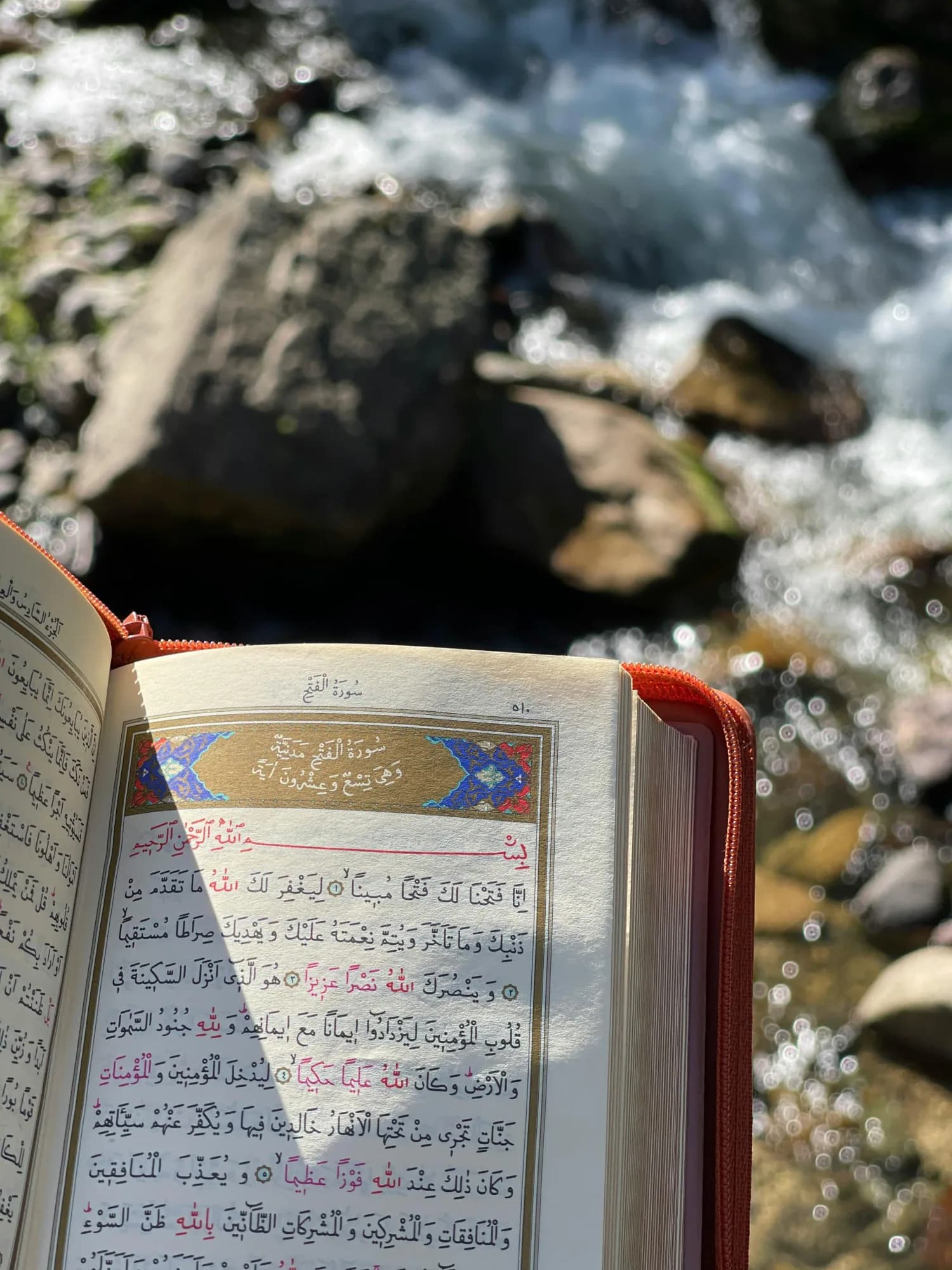 A Quran open on a desk beside a cup of tea in soft daylight